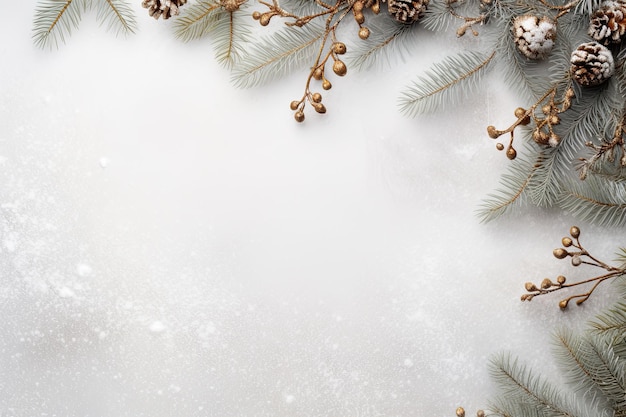 Hoek van kerstboomtakken met decoraties op grijze achtergrond