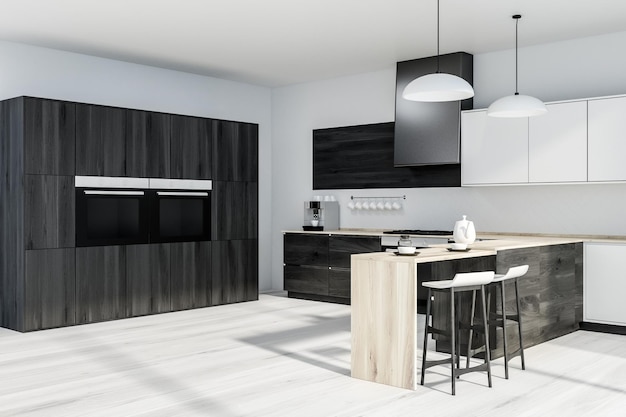 Hoek van moderne keuken met witte muren, houten vloer, houten werkbladen en kasten en houten kast met twee ingebouwde fornuizen. 3D-weergave