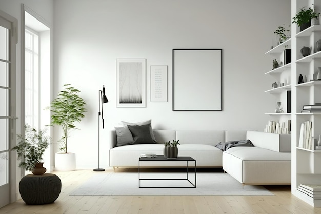 Hoekaanzicht van een grote woonkamer met een witte bank planken salontafel witte muur tapijt lege poster en hardhouten vloer minimalistische kunst