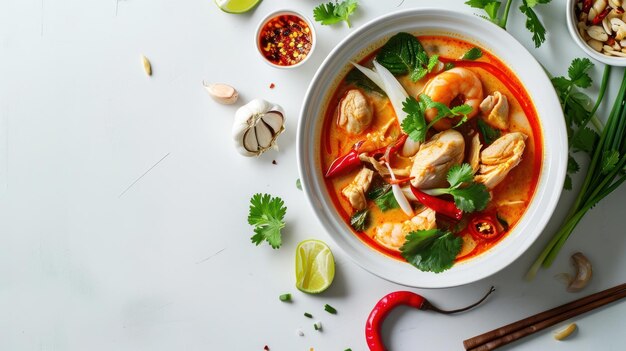 Foto hoekbeeld van een spicy tom yum chicken tegen een schone witte achtergrond