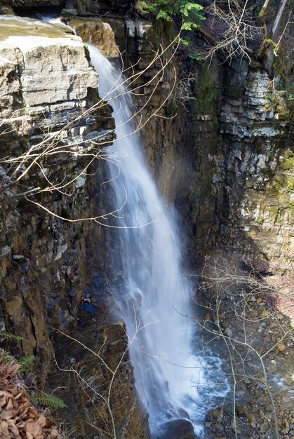 Hoge bergwaterval in donker wild Karpatenbos (opnamen met lange belichtingstijd)