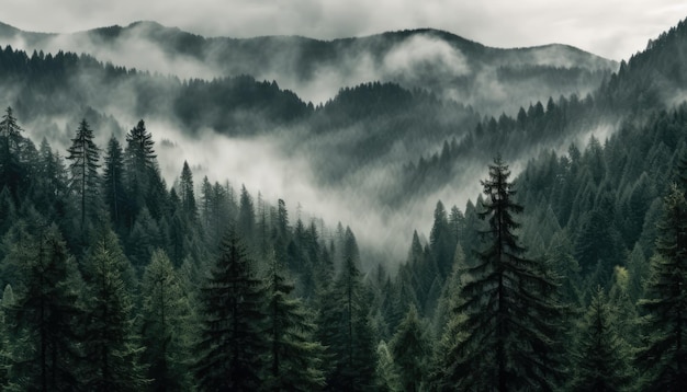 hoge bomen in het bos in de bergen bedekt met de mist