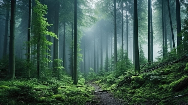 Hoge bomen in het bos in de bergen bedekt met de mist