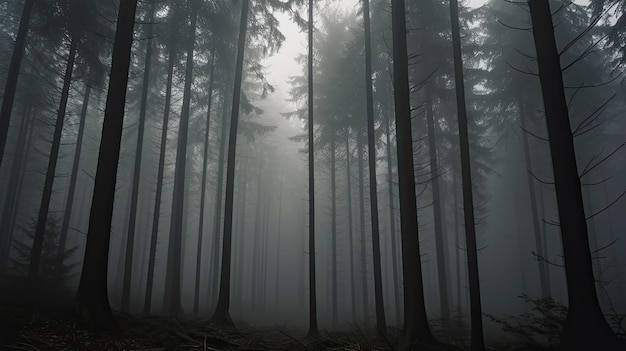 Hoge bomen in het bos in de bergen bedekt met de mist