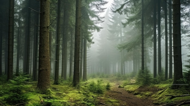 Hoge bomen in het bos in de bergen bedekt met de mist