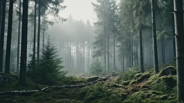 Hoge bomen in het bos in de bergen bedekt met de mist