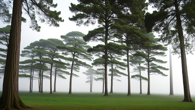 Hoge bomen in het bos in de bergen beveiligd met mist Creatieve bron AI gegenereerd