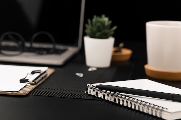 Foto hoge desktophoek met onscherpe laptop en vetplant