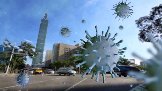 Hoge gebouwen in Taiwan in de hoofdstad met Coronavirus 2019 nCov-concept