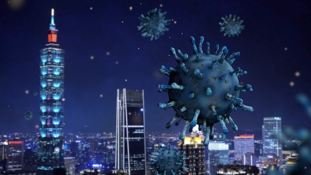 Hoge gebouwen in Taiwan 's nachts met Coronavirus 2019 nCov-concept