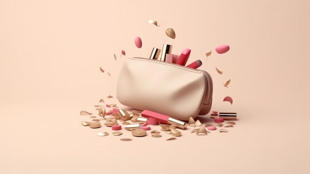 Hoge hakken lippenstift en een vliegende vrouwelijke accessoire tas op een crème kleur achtergrond rendering in 3D