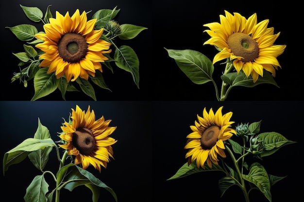 Hoge hoek één zonnebloemstengel op een donkere achtergrond