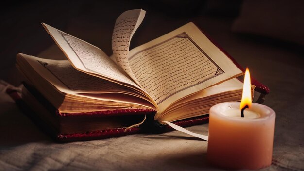 Hoge hoek geopend koran naast kaars