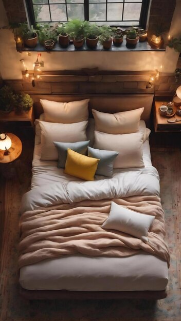 Foto hoge hoek gezellige bed arrangement met thee