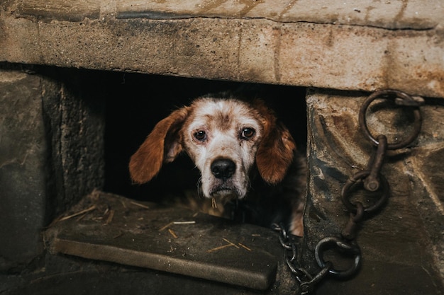 Hoge hoek opname van een arme hond geketend onder een tunnel - concept van hondenmishandeling