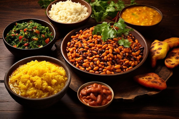 Hoge hoek tafel vol met heerlijke eten arrangement