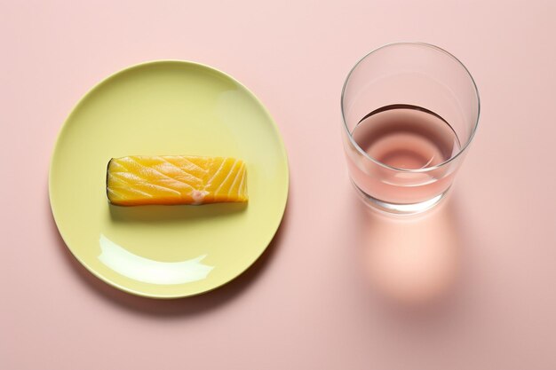 Hoge hoek van bord met keto dieet voedsel en een glas water met citroen
