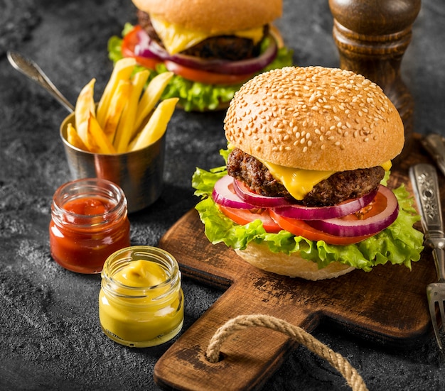 Hoge hoek verse hamburgers op snijplank met frietjes en sauzen