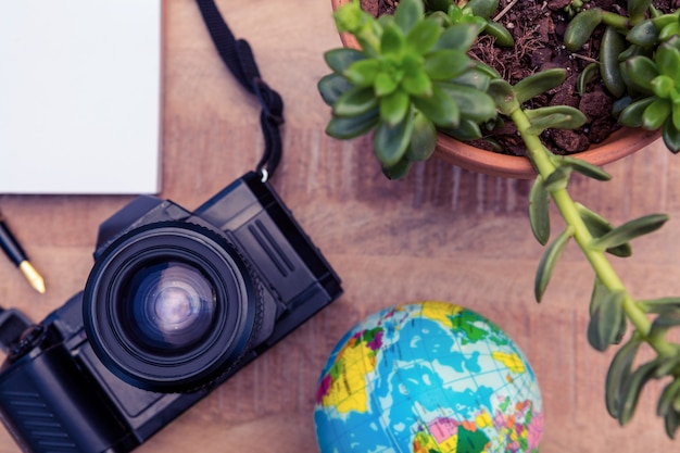 Hoge hoekmening van camera en globe door potplant op Bureau