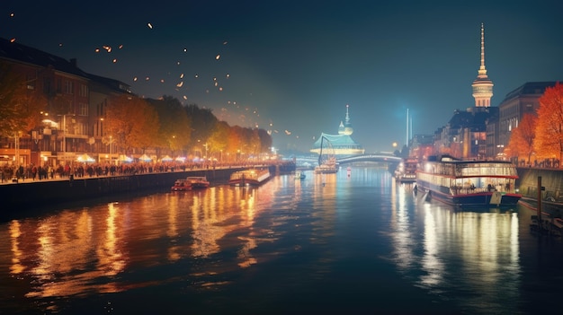 Hoge hoekmening van Dusseldorf Festival Nacht uitzicht langs de rivier