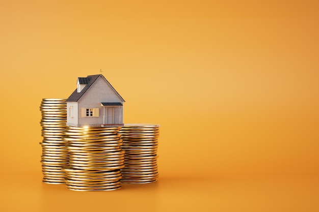 Foto hoge huizenprijzen, stapels munten en een huis op een oranje achtergrond kopiëren plakken 3d renderen
