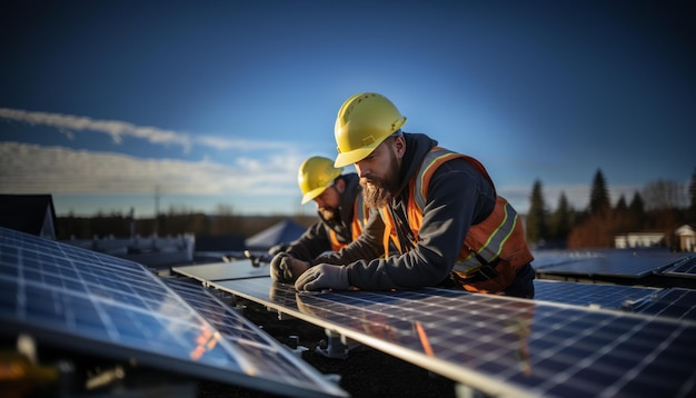 Hoge kwaliteit stock photography Twee ingenieurs installeren zonnepanelen op het dak