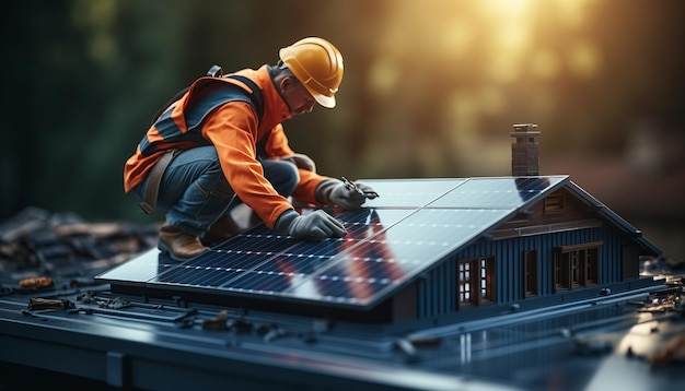 Hoge kwaliteit stock photography Twee ingenieurs installeren zonnepanelen op het dak