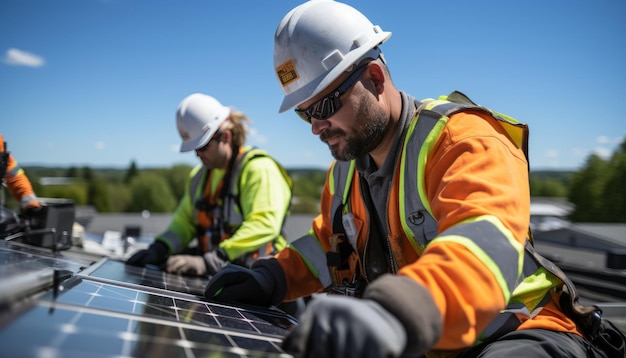 Hoge kwaliteit stock photography Twee ingenieurs installeren zonnepanelen op het dak