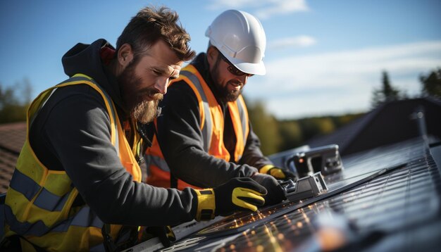 Hoge kwaliteit stock photography Twee ingenieurs installeren zonnepanelen op roofblue