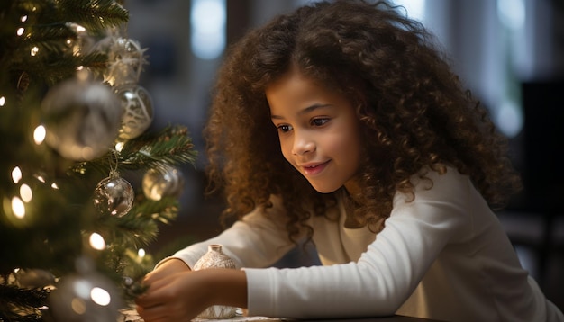 hoge kwaliteit voorstellen stock photography donker gevild kind versieren van een kerstboom in witte woonkamer
