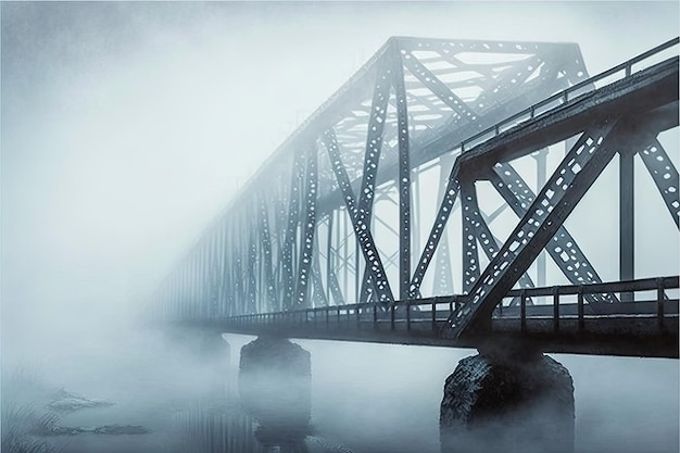 Hoge metalen brug over water in mist industrieel modern