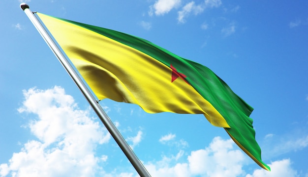 Hoge resolutie 3D-rendering illustratie van de vlag van Frans-Guyana met een blauwe hemelachtergrond