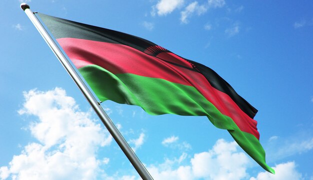 Hoge resolutie 3D-rendering illustratie van de vlag van Malawi met een blauwe hemelachtergrond