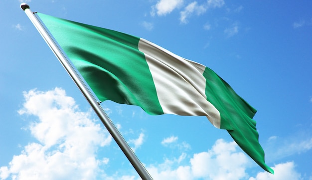 Hoge resolutie 3d-rendering illustratie van de vlag van nigeria met een blauwe hemelachtergrond