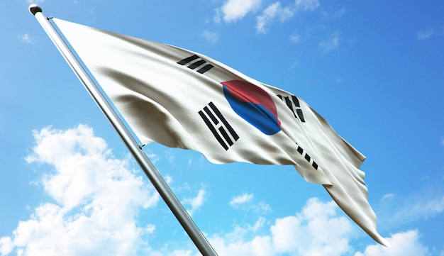 Hoge resolutie 3d-rendering illustratie van de vlag van zuid-korea met een blauwe hemelachtergrond