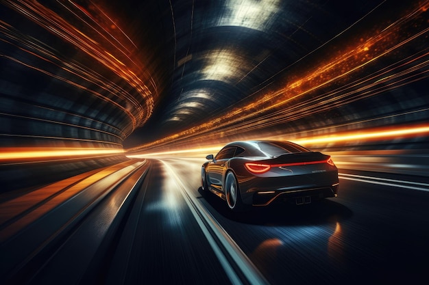 Hoge snelheid auto's op de weg in tunnels en gloeiend licht snelheid door het licht futuristische sport niet-bestaand concept Ai gegenereerd