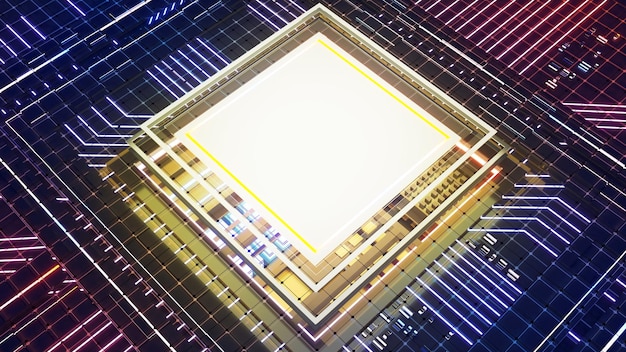 Hoge snelheid gegevensoverdracht cpu functionele computertechnologie cyber toekomstige concept 3D-rendering
