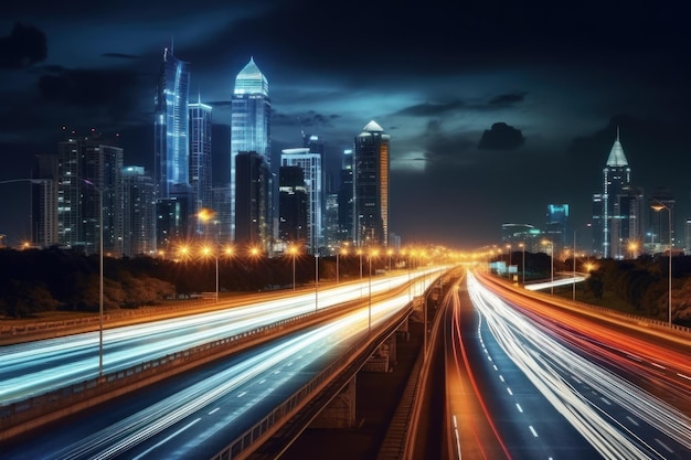 Hoge snelheid verkeer en lichte paden op de snelweg in de schemering Moderne stad's nachts Generatieve AI