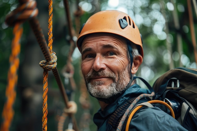 hoge touwen cursus proces van klimmen in amusement activiteit touwpark ai gegenereerd