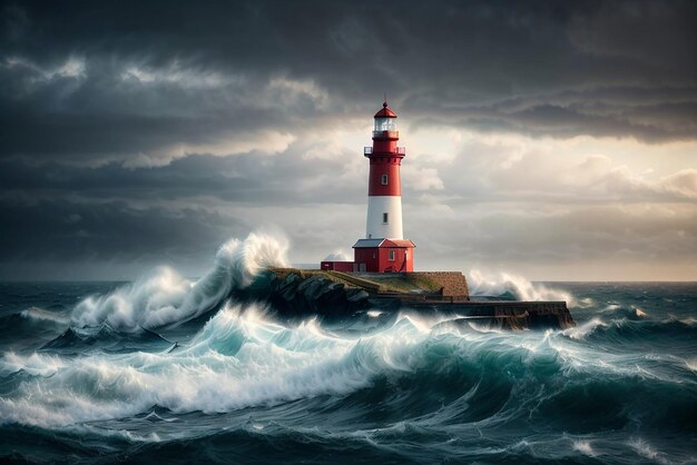 Hoge vuurtoren aan de noordzee onder een bewolkte hemel