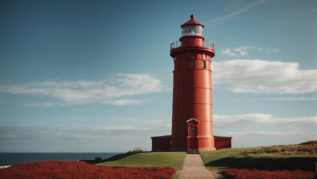 Hoge vuurtoren van rode bakstenen op blauwe achtergrond