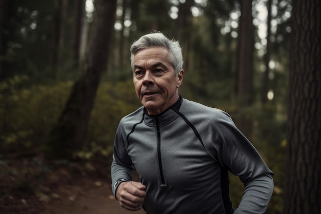 Hogere man met grijs haar die fit blijft door in een park te joggen Generatieve ai