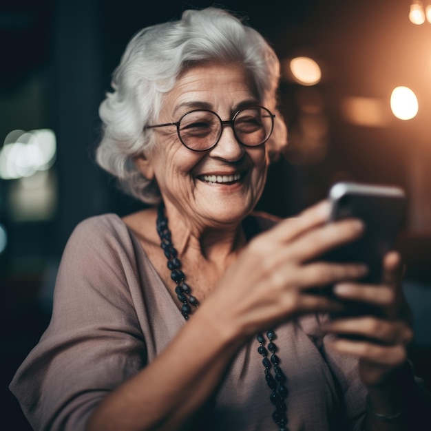 Hogere Vrouw die bij Smartphone glimlacht