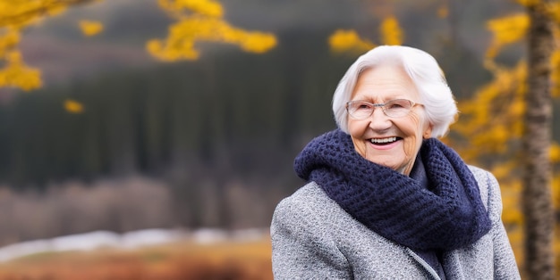 Hogere vrouw met grijs haar op de vage herfst gemaakt Panoramische Generatieve AI