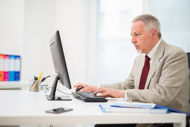 Hogere zakenman die aan zijn computer werkt