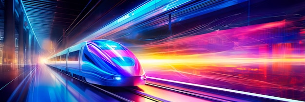 hogesnelheidstrein die door een futuristische, neonverlichte tunnel racet en een gevoel van beweging en technologische vooruitgang oproept. Generatieve AI