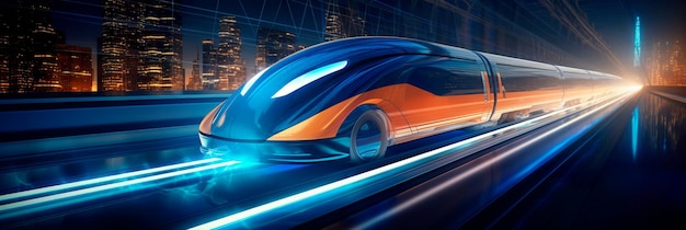 hogesnelheidstrein die door een futuristische, neonverlichte tunnel racet en een gevoel van beweging en technologische vooruitgang oproept. Generatieve AI