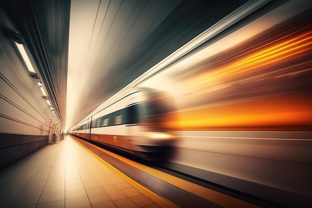 Foto hogesnelheidstrein in de metrotunnel met bewegingsonscherpte-effect