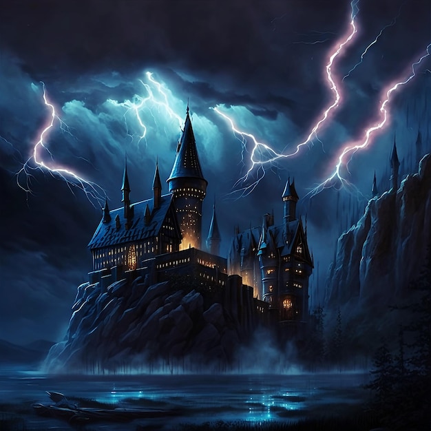 Hogwarts at stormy night digital art