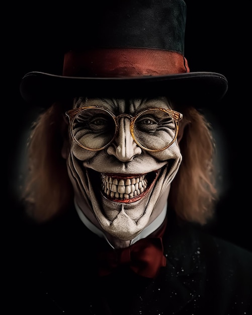 Hol kwaad oud gezicht van een eng wezen met een bril en een vintage glimlachgezicht Horrorfilmposter